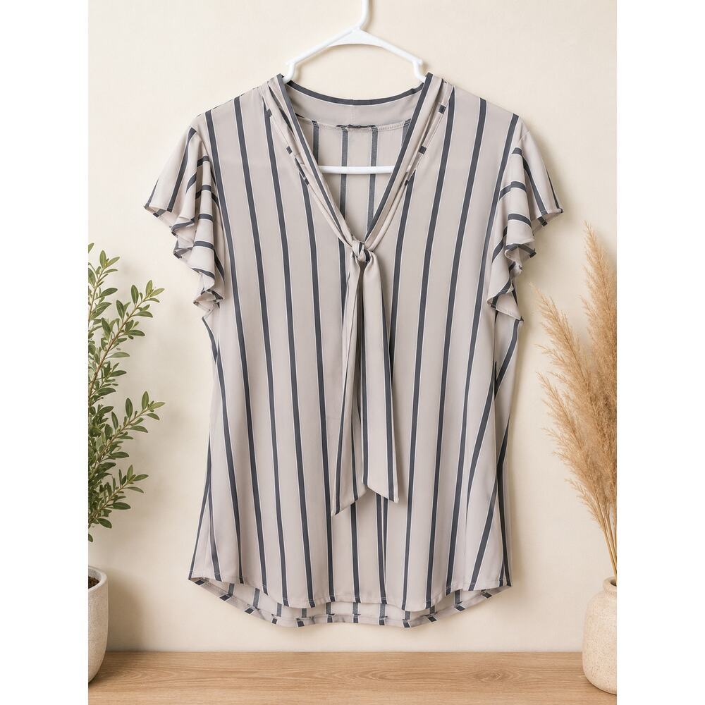 Adrianna Papell Beige Gray Striped Tie Neck Blouse XL